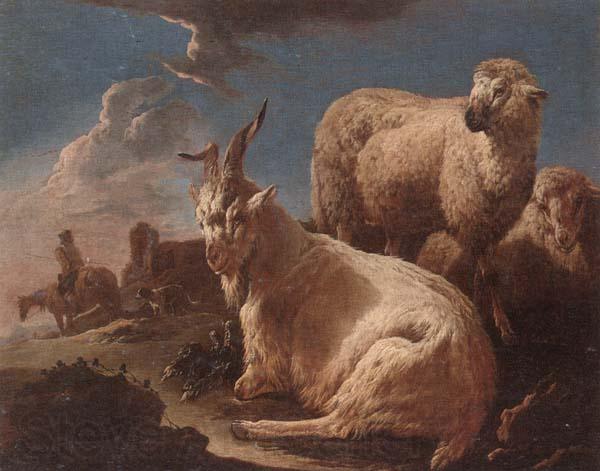 unknow artist An evening landscape with goat and sheep resting in the foreground,a herdsman beyond